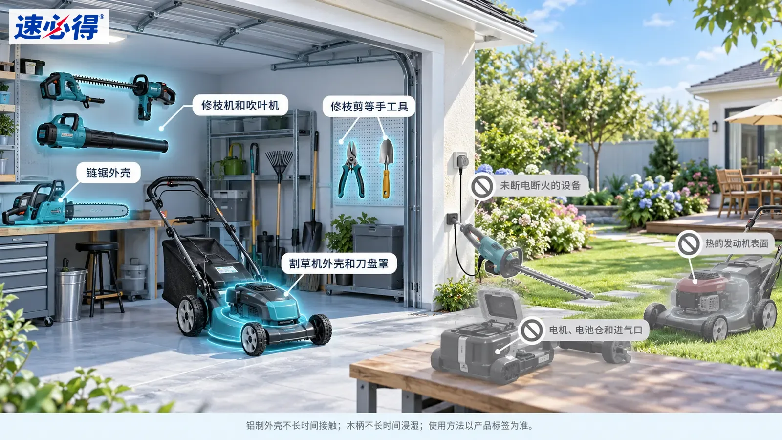 示意图：车库割草机、修枝工具及手工具被突出显示，旁列设备注意事项。