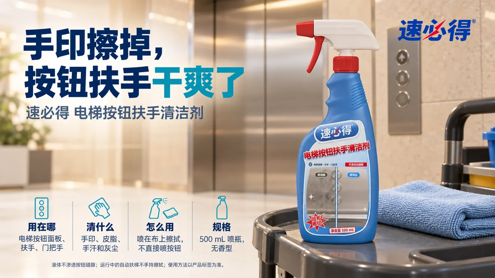 示意图：速必得电梯按钮扶手清洁剂站在画面右侧约三分之一处的保洁推车顶层台面上，旁边一块叠好的浅蓝超细纤维布，身后干净的不锈钢电梯门和按钮面板向画面深处柔和虚化，标题“手印擦掉，按钮扶手干爽了”