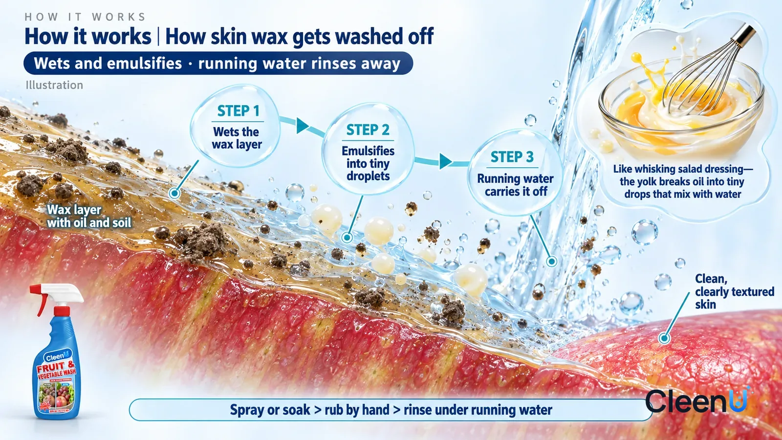 Illustration: CleenU Fruit & Vegetable Wash — an enormously magnified cross-section of apple skin runs diagonally from upper left to lower right; on the left the skin is covered with an