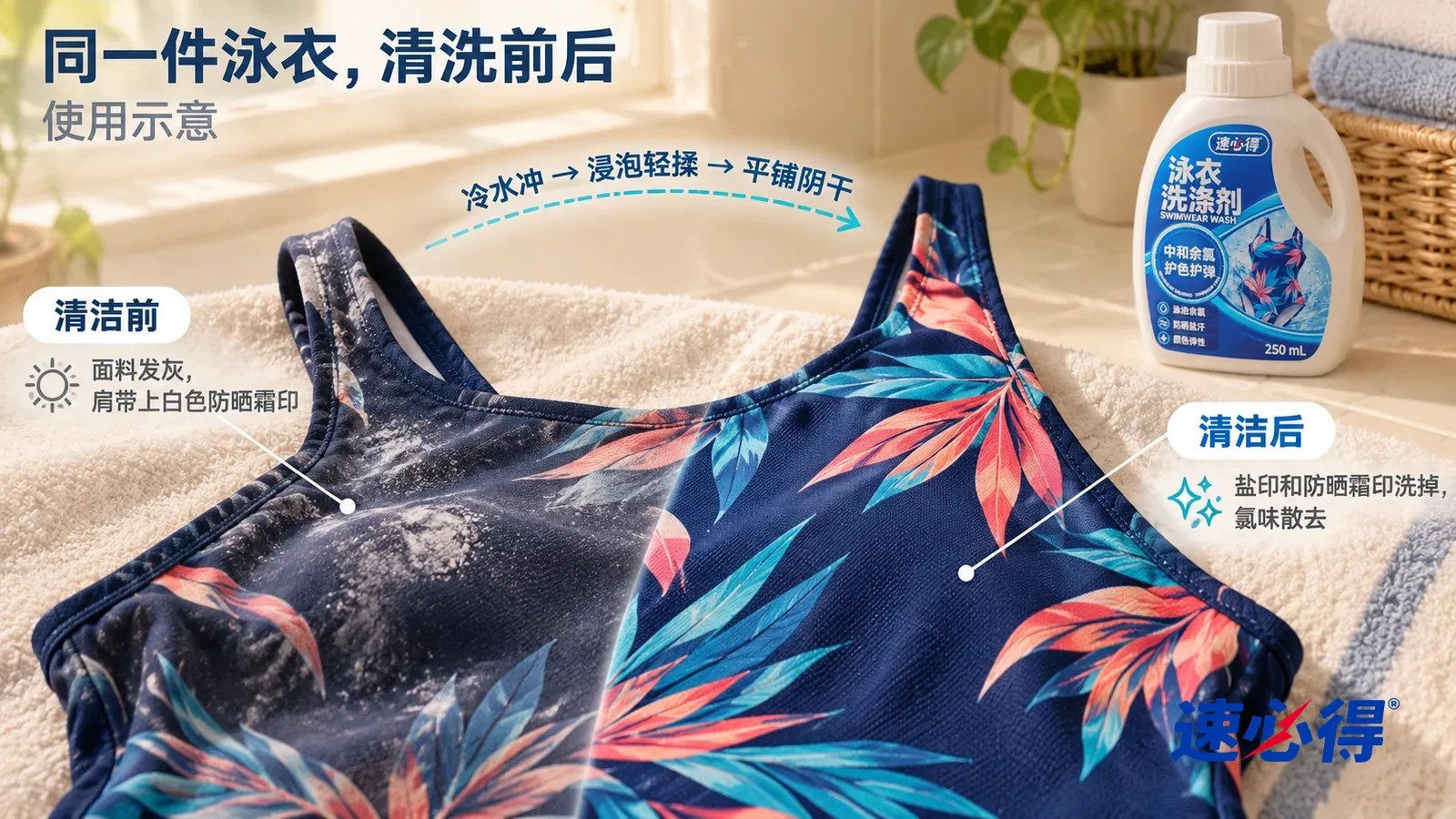 示意图:速必得泳衣洗涤剂——整屏一件深色印花连体泳衣胸前和肩带的低角度大近景,平铺在浅色毛巾上,同一窗光