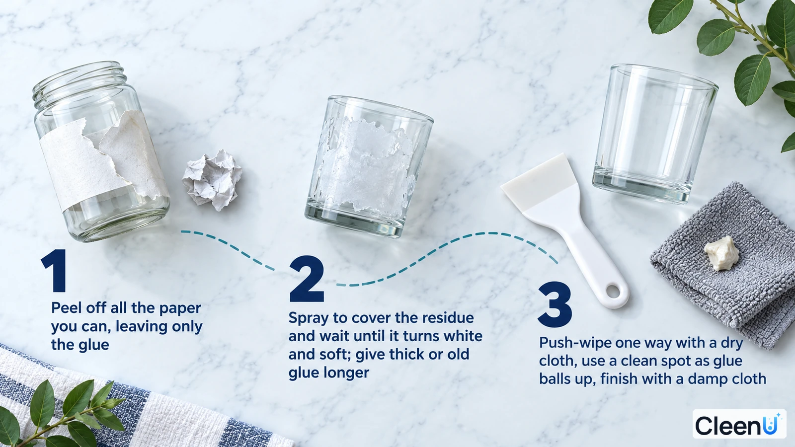 Illustration: A glass jar, removed label, glass samples with residue and a cloth with numbered steps.