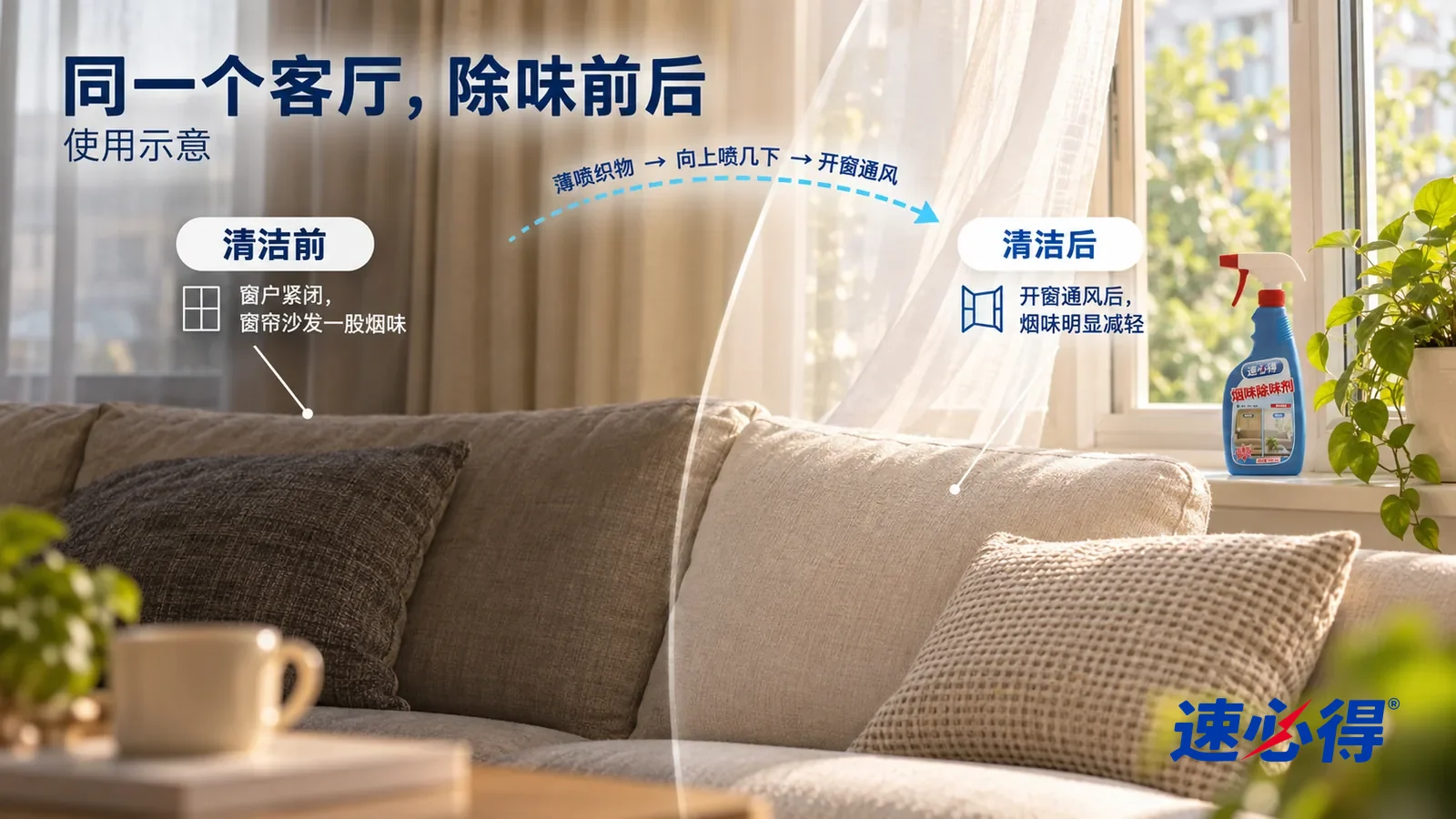 示意图:速必得烟味除味剂——整屏客厅窗边一角的低角度大近景,同一扇窗、同一套米色窗帘和布艺沙发扶手,没处理的一侧窗户紧闭、窗帘拉着,光线发闷发灰