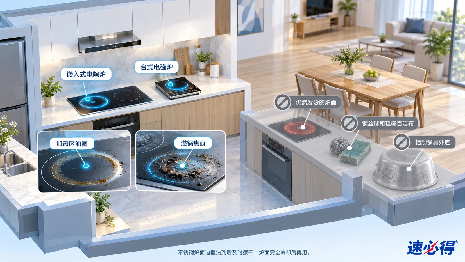 示意图：厨房的玻璃灶面和便携炉区域被突出显示，旁边列有材质注意事项图标。