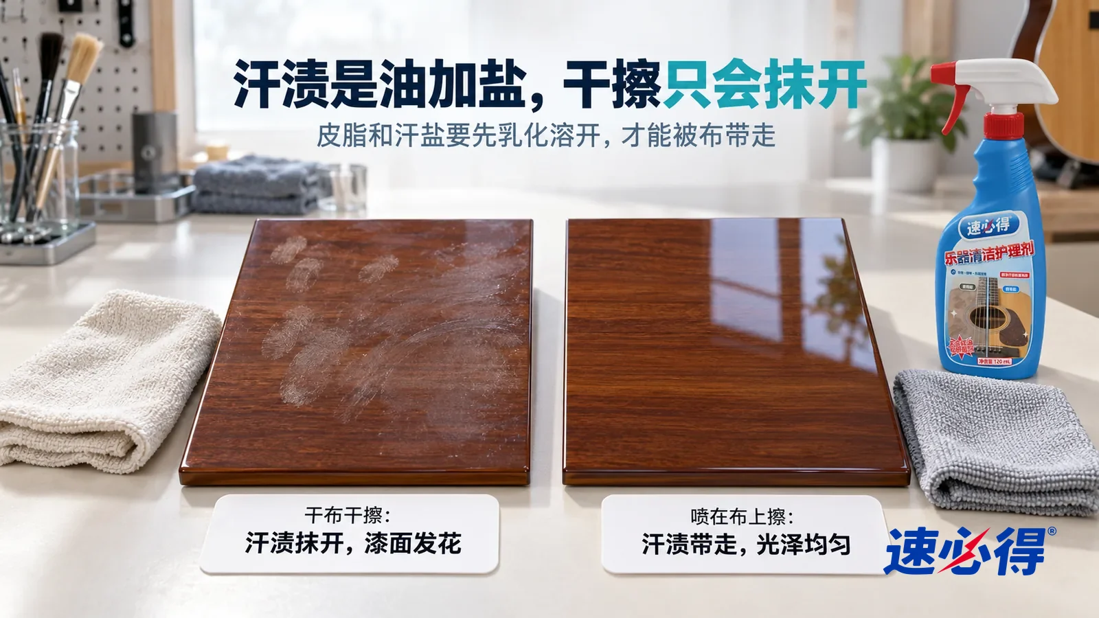 示意图：速必得乐器清洁护理剂——白色测试台上并排放着两块同样的亮光漆木纹样板，都带着一样发雾的汗渍和指纹，标题“汗渍是油加盐，干擦只会抹开”
