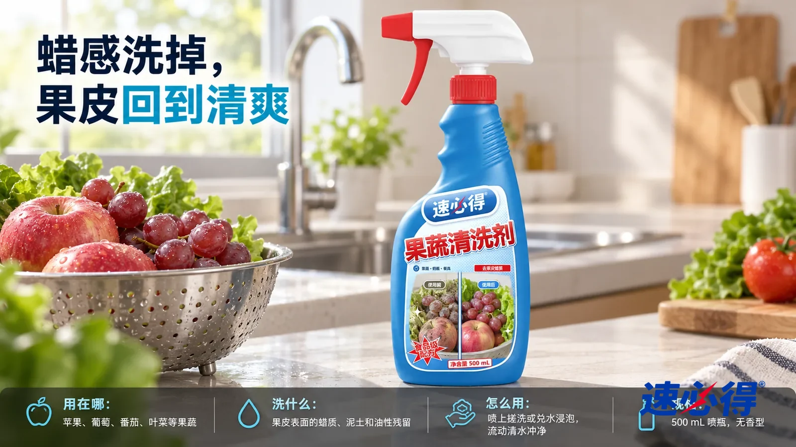 示意图：速必得果蔬清洗剂居中站在厨房台面上，旁边一只不锈钢漏篮装着冲净的苹果和葡萄，身后干净的水槽和厨房向画面深处柔和虚化
