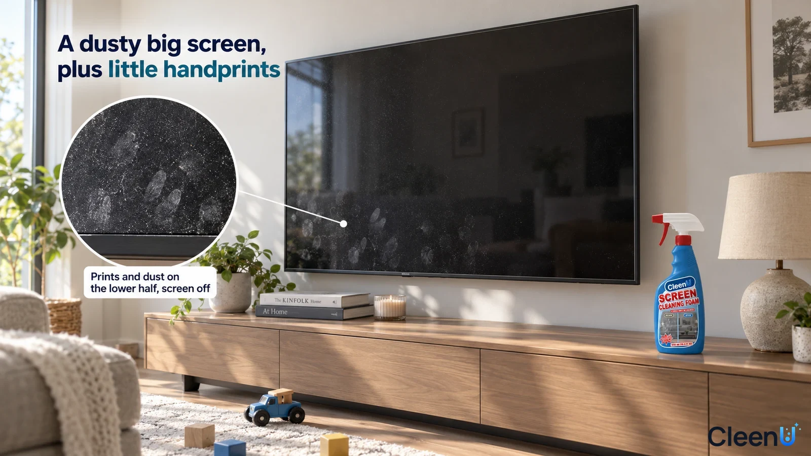 Illustration: Fingerprints and dust on a black television screen beside a blue bottle and wooden TV console.