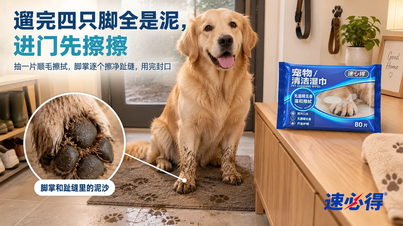 示意图：速必得宠物清洁湿巾——雨后的家常玄关，一只浅金色中型犬（无品牌项圈）乖乖坐在门口地垫上，四只脚掌和小腿毛沾着湿泥，地垫上几个泥脚印；产品平放在旁边玄关柜台面上，标题“遛完四只脚全是泥，进门先擦擦”