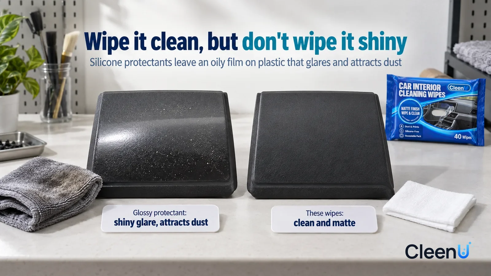 Illustration: CleenU Car Interior Cleaning Wipes — A landscape medium close-up of a small experiment in a cleaning lab: two identical dark matte dashboard plastic samples side by side on a wh Headline