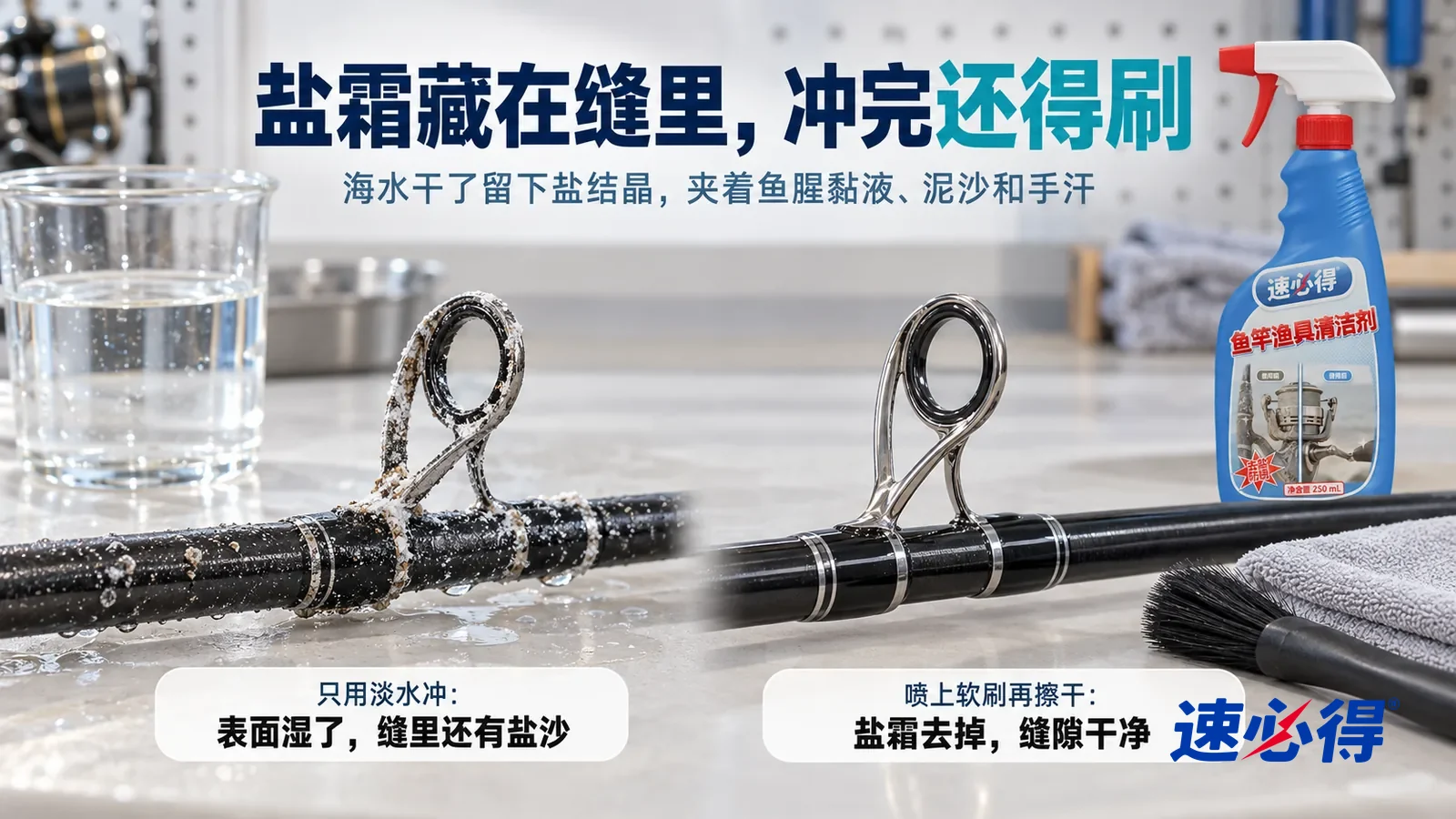 示意图：速必得鱼竿渔具清洁剂——白色测试台上并排放着两段同样的黑色碳素竿节，每段带一只金属导环，都结着一样的白色盐霜，标题“盐霜藏在缝里，冲完还得刷”