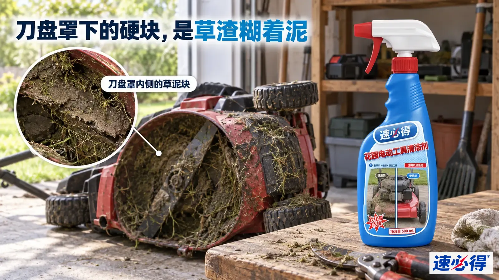 示意图：割草机底盘内结块的草屑和泥土，旁有蓝色喷瓶。