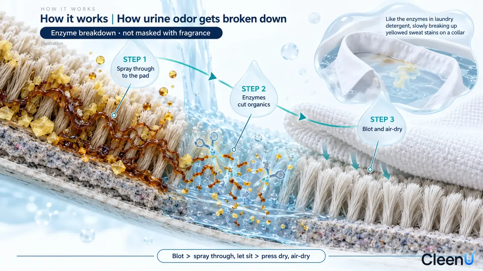 Illustration: A rug-fiber cross-section with yellow and brown particles, drops and upward arrows.