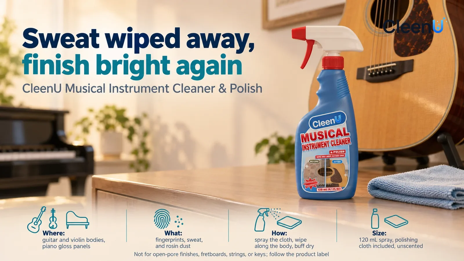 Illustration: CleenU Musical Instrument Cleaner & Polish stands in the right third of the frame on the music-room cabinet, a folded polishing cloth beside it Headline: "Sweat wiped away, finish bright