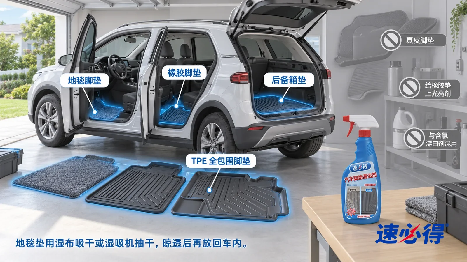 示意图：速必得汽车脚垫清洁剂——一张写实 3D 剖面实景图，一套明亮的家的车库和后院，连续空间、一个视角，地毯脚垫、橡胶脚垫、TPE 全包围脚垫