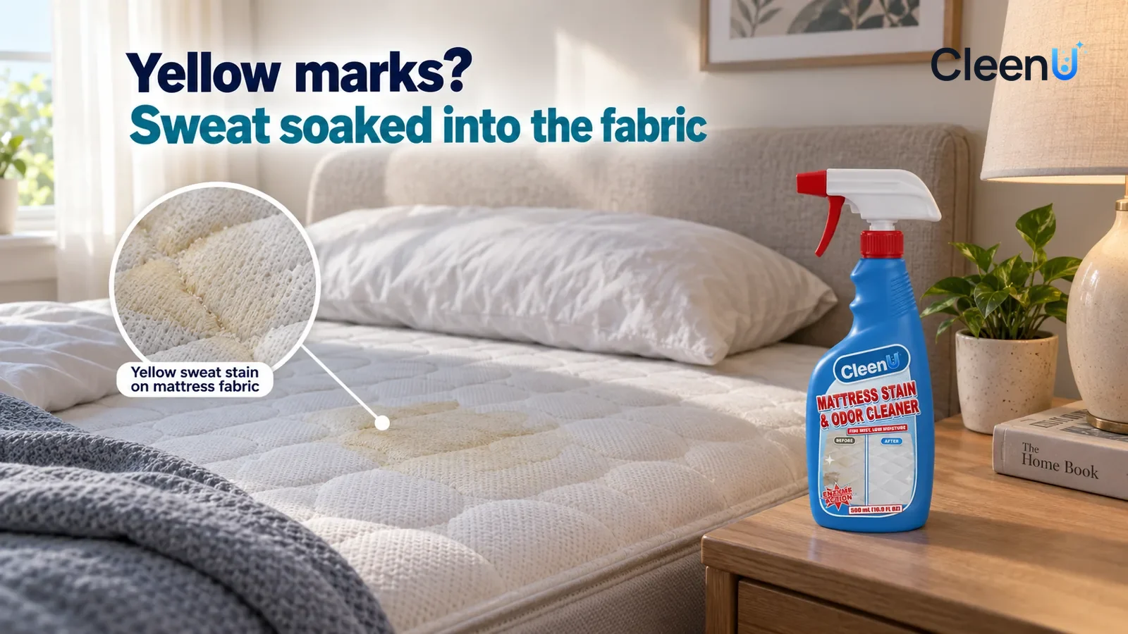 Illustration: CleenU Mattress Stain & Odor Cleaner — An everyday bedroom, the sheet and comforter pulled back to the foot of the bed