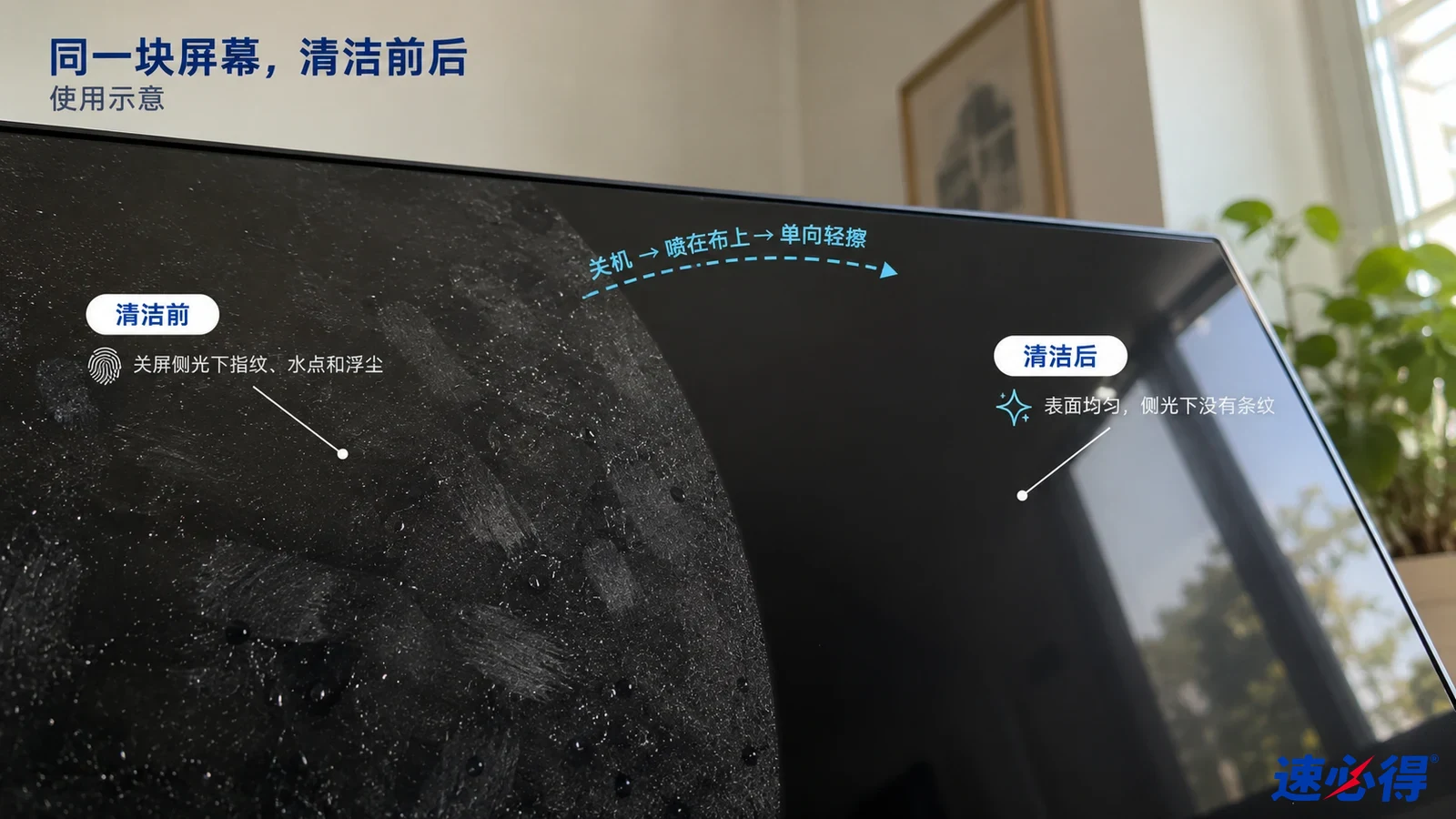 示意图:关屏显示器的指纹区域与较清楚区域对照,非实测照片。