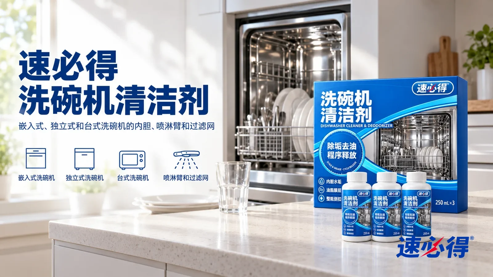 示意图：速必得洗碗机清洁剂——一个明亮干净的厨房，一台嵌入式洗碗机（无品牌标志）门微开，内胆光亮，旁边一只透亮的玻璃杯，整套产品站在右侧台面上，标签正对镜头
