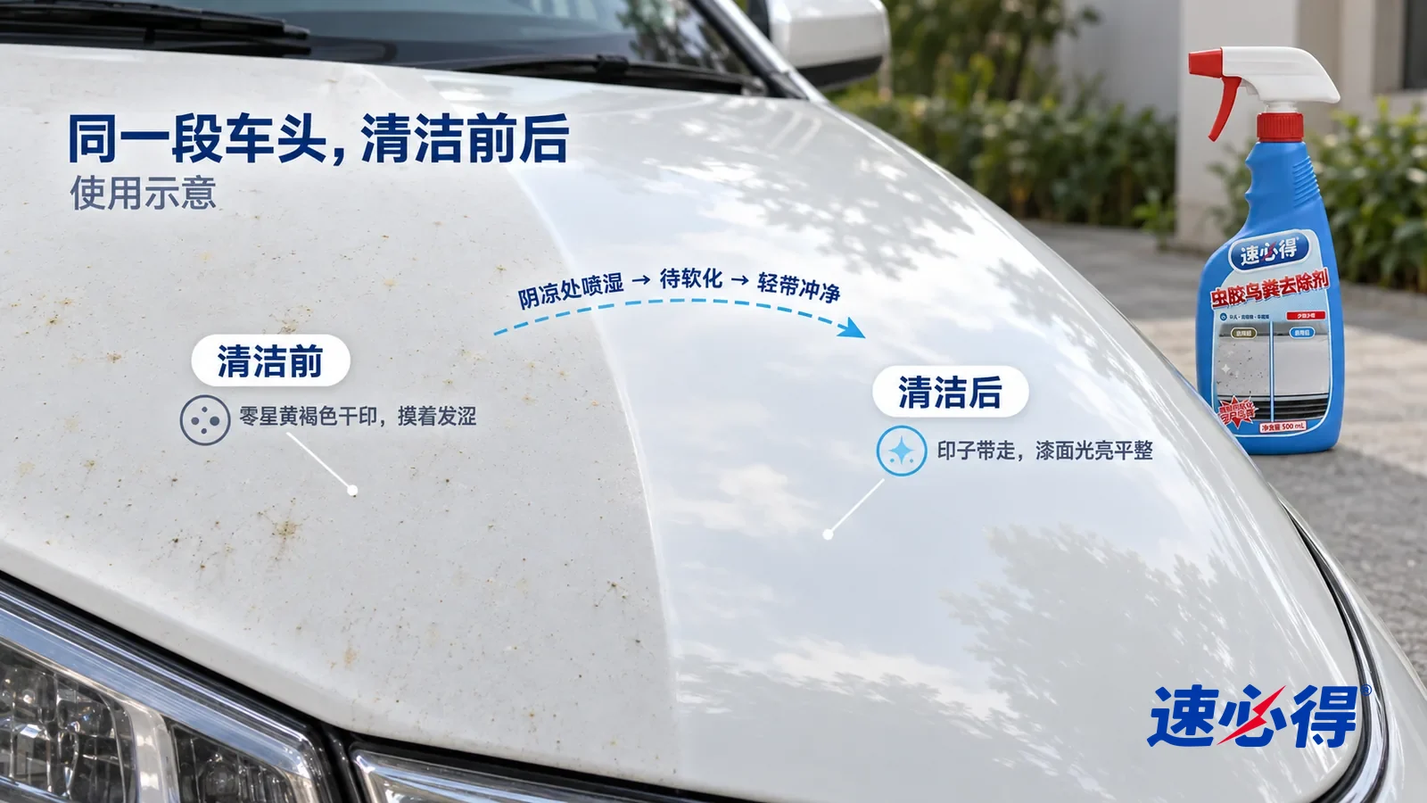 示意图：速必得虫胶鸟粪去除剂——整屏一段浅色车头前沿车漆的低角度大近景，同一侧光，不出现车标和车牌：没处理的一半零星几处细小深色斑点和淡黄褐色干印