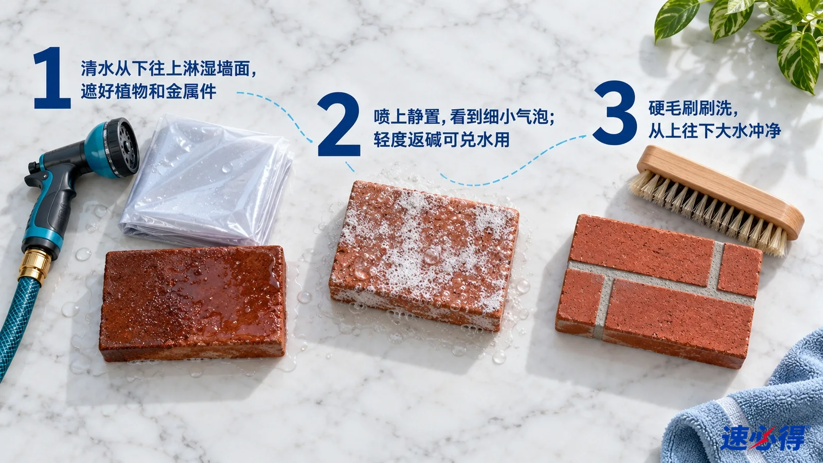 示意图:红砖样片、白色返碱痕迹、水管喷头和木柄刷子,配有编号步骤。