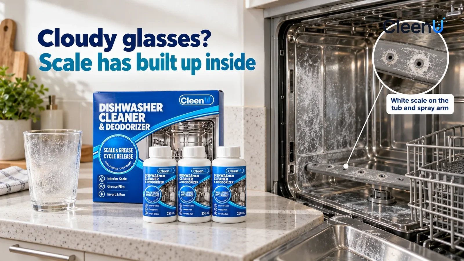 Illustration: CleenU Dishwasher Cleaner & Deodorizer — An everyday kitchen, a built-in dishwasher (no brand marks) with its door open and the racks empty; in raking light, a whitish