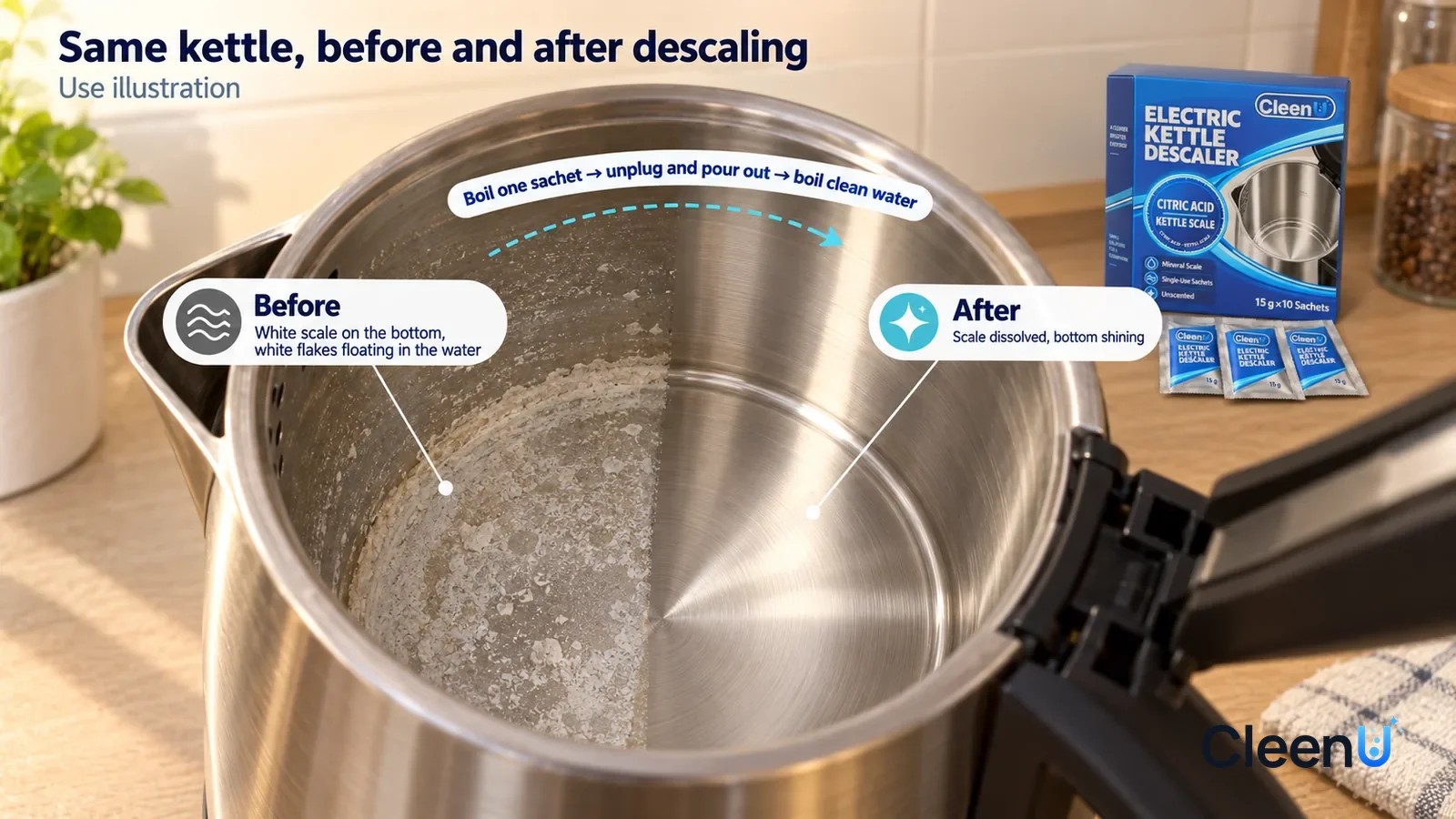 Illustration: CleenU Electric Kettle Descaler — A full-screen close-up looking down through the spout opening at the inner bottom of a stainless-steel electric kettle