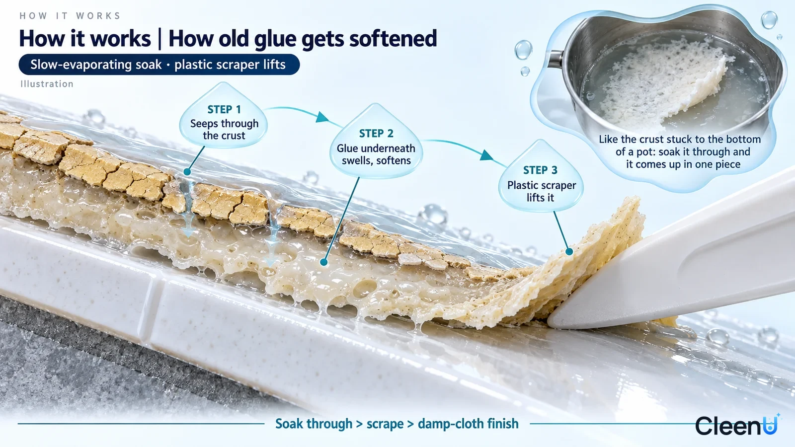 Diagram with drops, arrows and a tile cross-section illustrating adhesive softening and lifting.