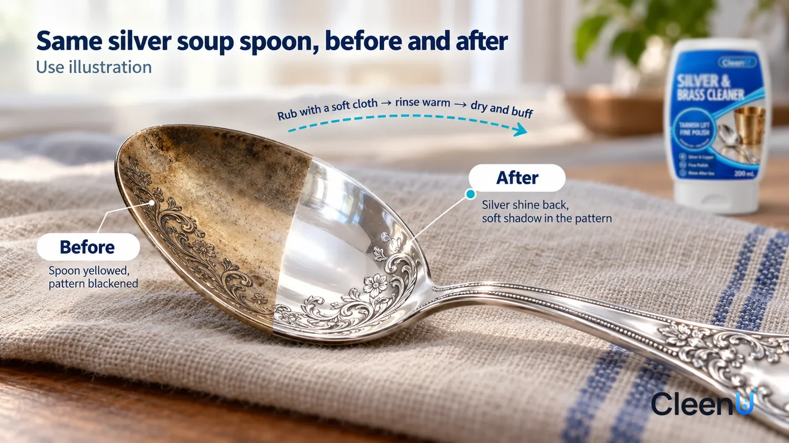 Illustration: CleenU Silver & Brass Cleaner — A full-screen low-angle close-up of a sterling silver soup spoon lying on a linen cloth, same side light