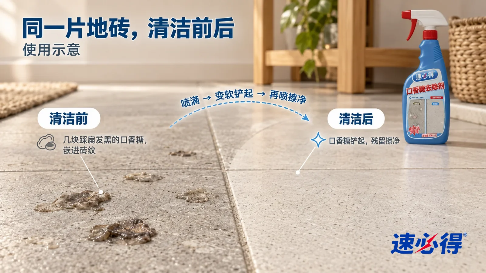 示意图:速必得口香糖去除剂——整屏一片浅灰地砖的低角度大近景,同一侧光,没处理的一侧散着几块踩扁发黑的口香糖;处理过的一侧地砖干净,只看到原本均匀的细纹,砖缝整齐
