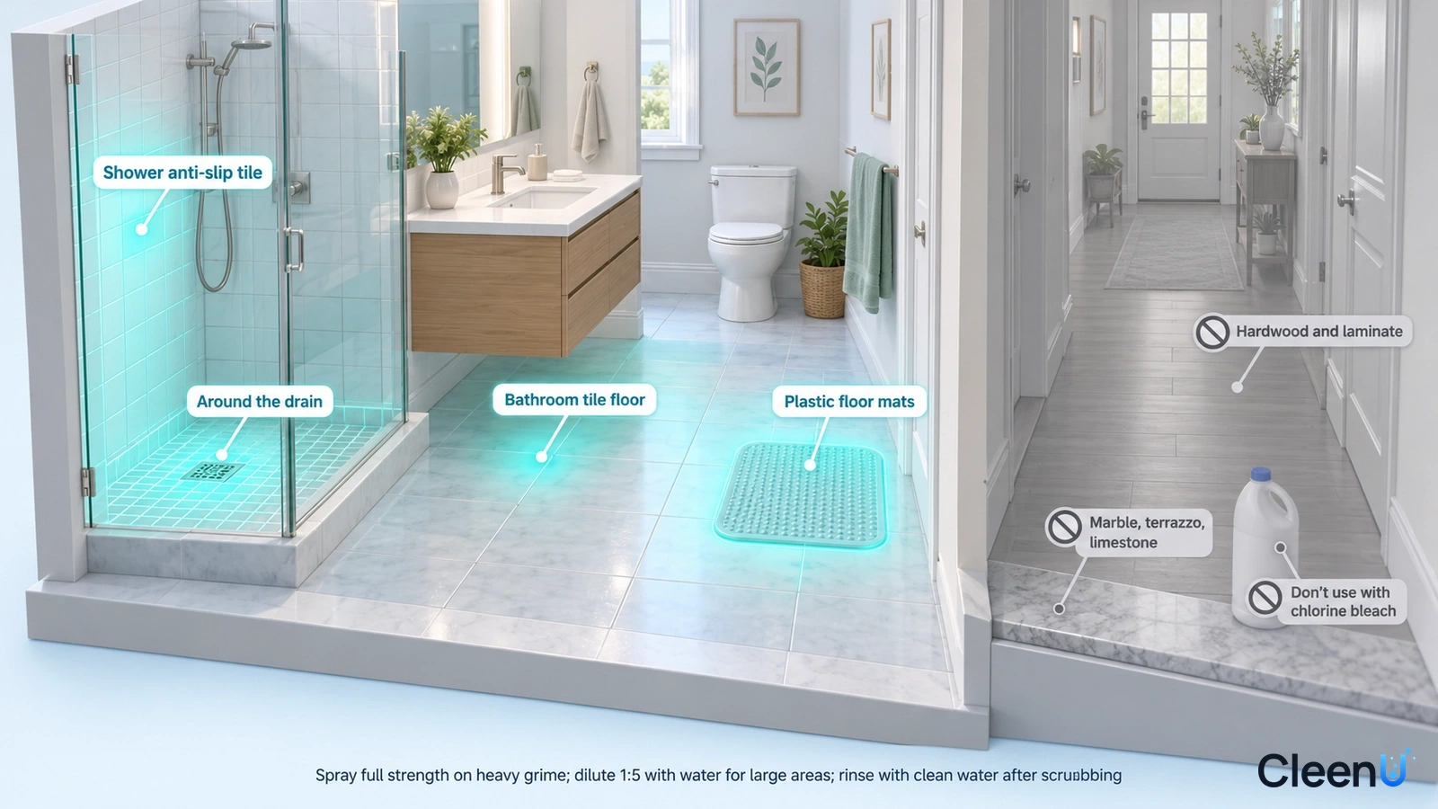 Bathroom illustration highlighting the shower floor, drain area and floor tiles beside precaution icons.