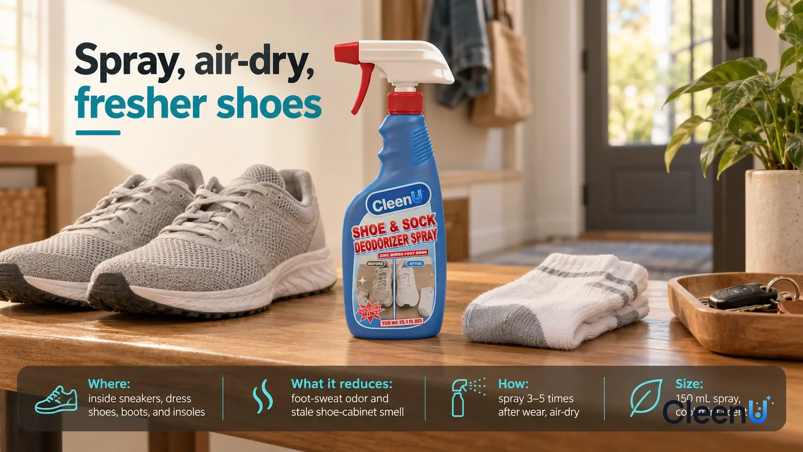 Illustration: CleenU Shoe & Sock Deodorizer Spray stands centered on a wooden entryway bench, a pair of folded clean socks beside it