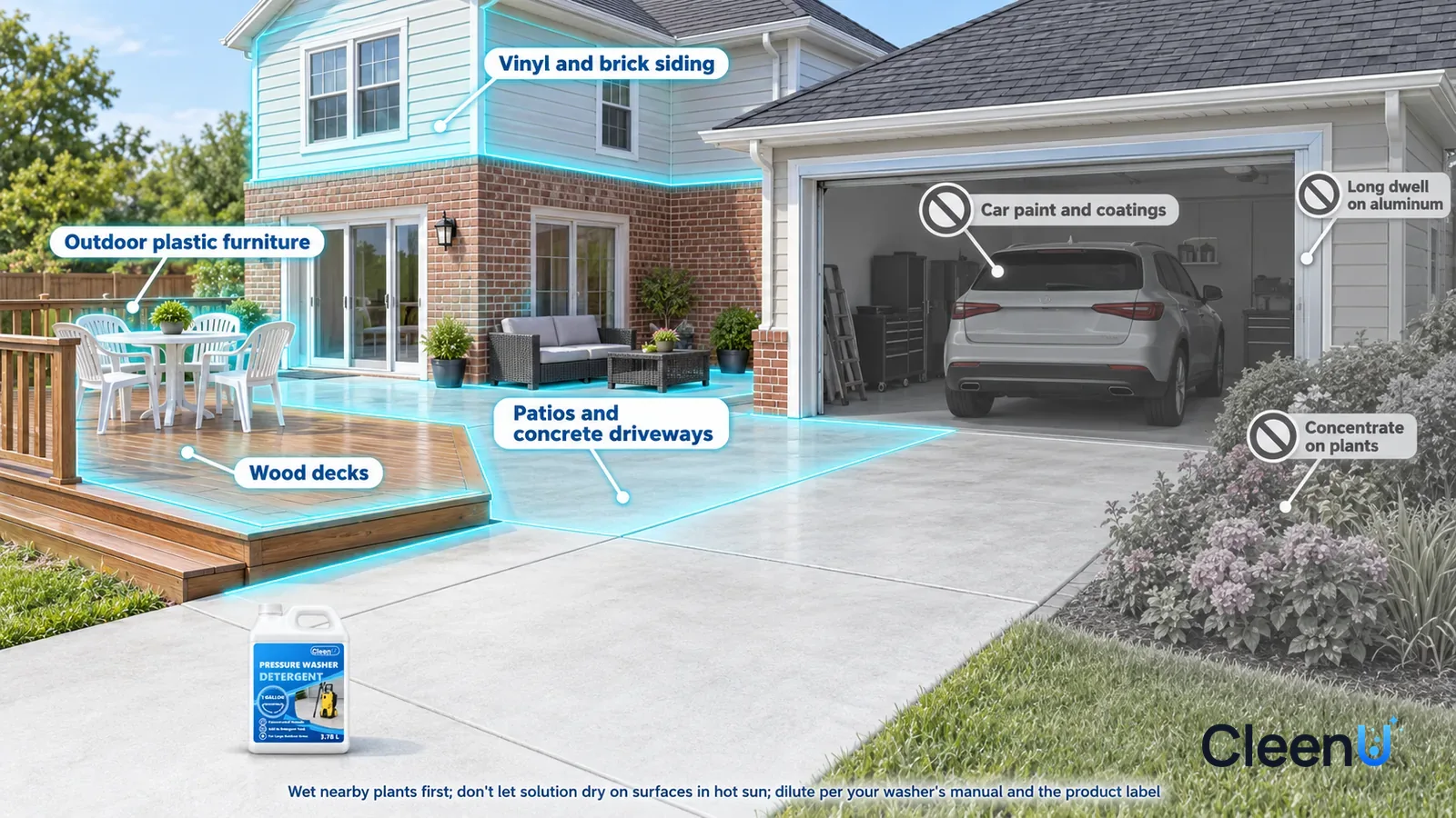 Illustration: CleenU Pressure Washer Detergent — A realistic 3D cutaway of a bright house connected to a garage, patio, and backyard, one continuous space from one viewpoint