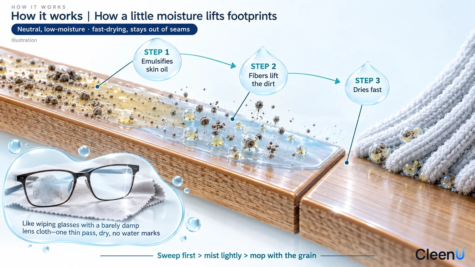 Illustration: A joined floor cross-section with soil particles, small drops and a mop pad.