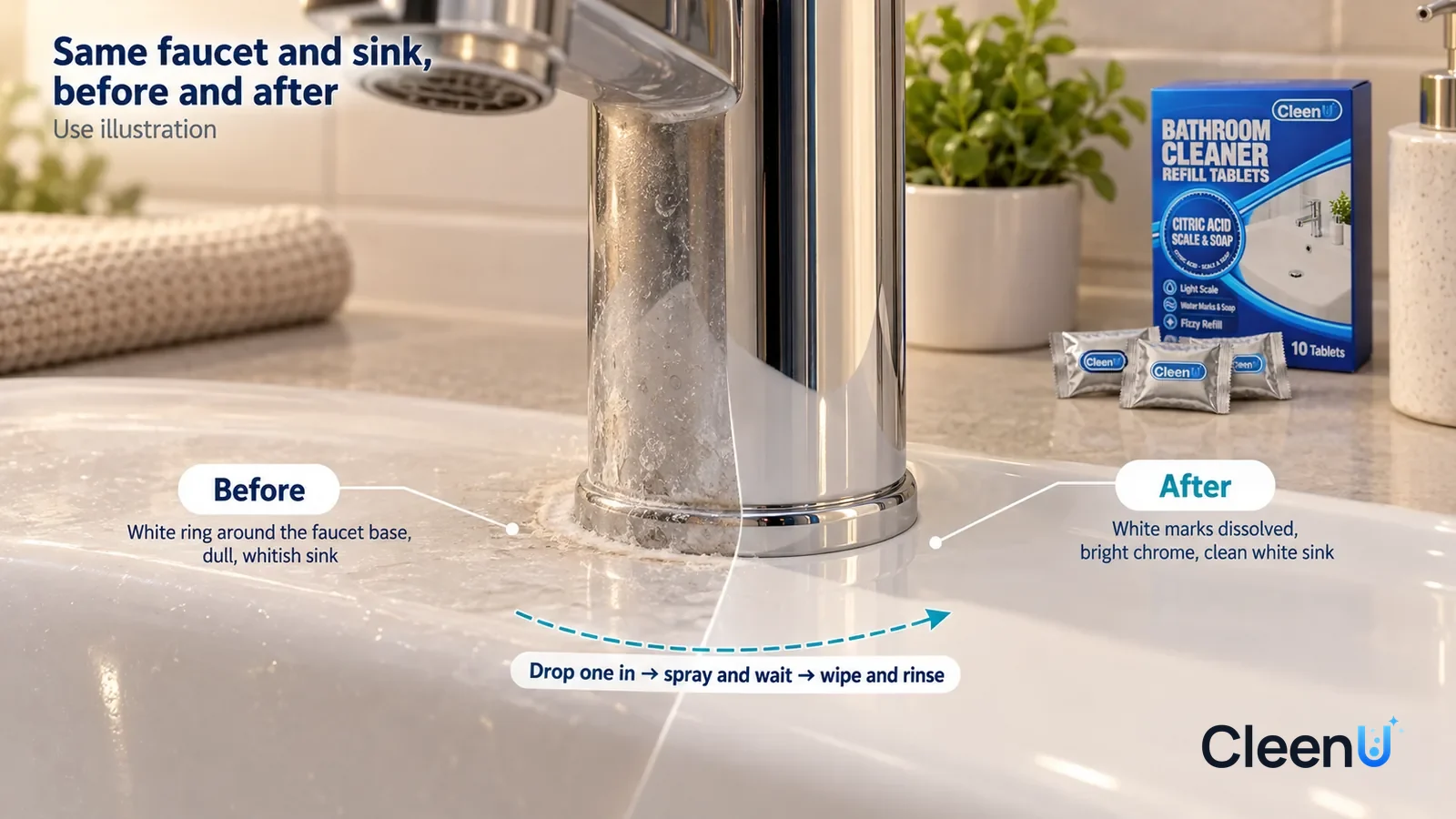 Illustration: CleenU Bathroom Cleaner Refill Tablets — A full-screen low-angle close-up of a chrome faucet base and a white sink in the same raking light: the untreated side has a ring of white s