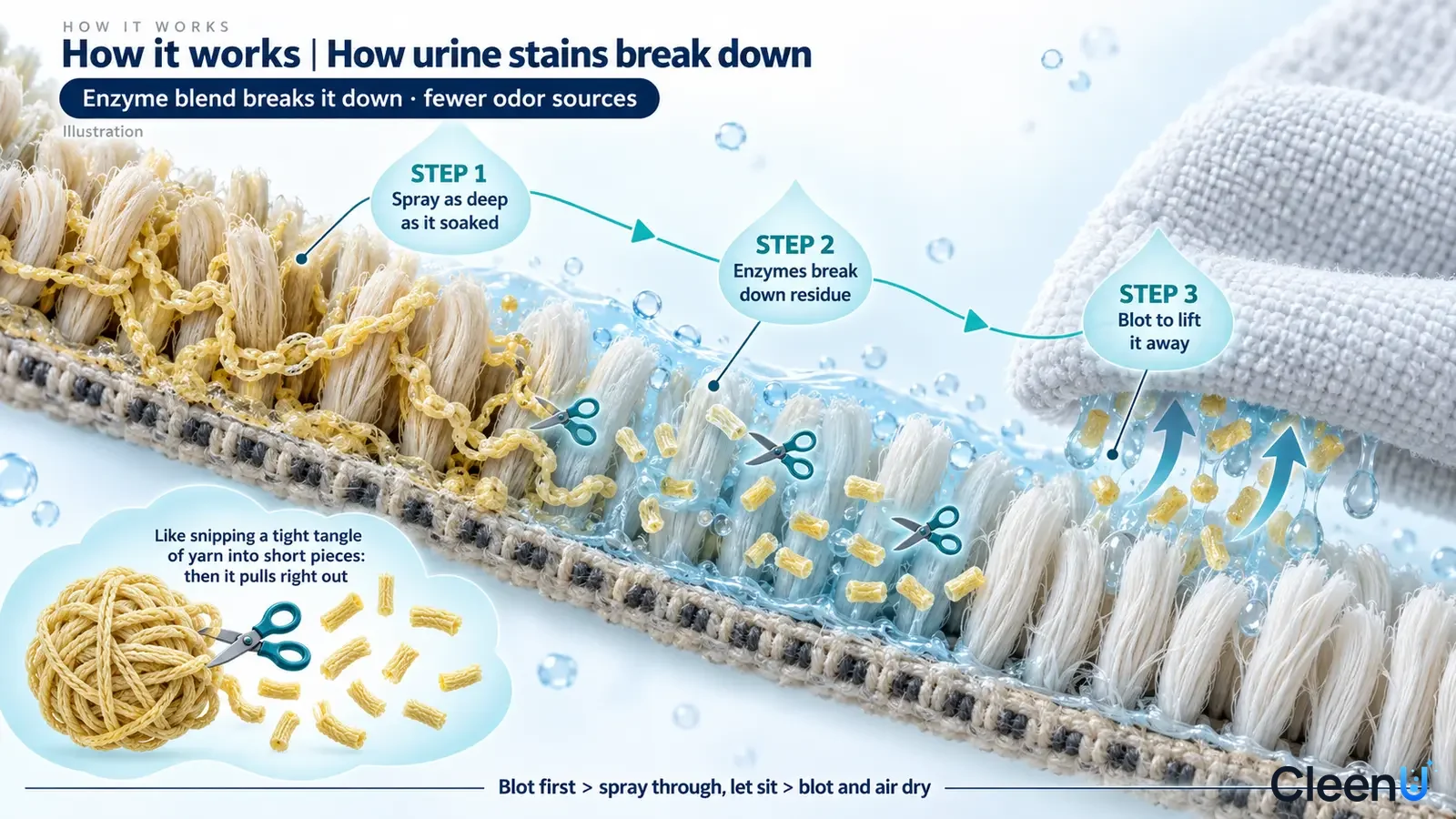 Illustration: Carpet fibers with yellow particles, blue drops and breakdown concept symbols with a noodle analogy inset.