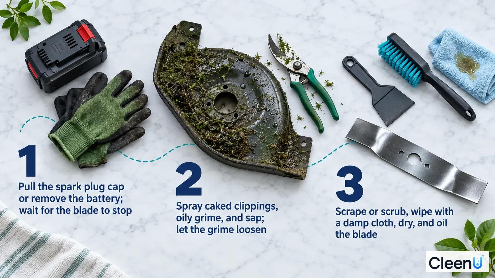 Illustration: A battery, protective gloves, grass-covered deck samples, scraper and brush with numbered steps.
