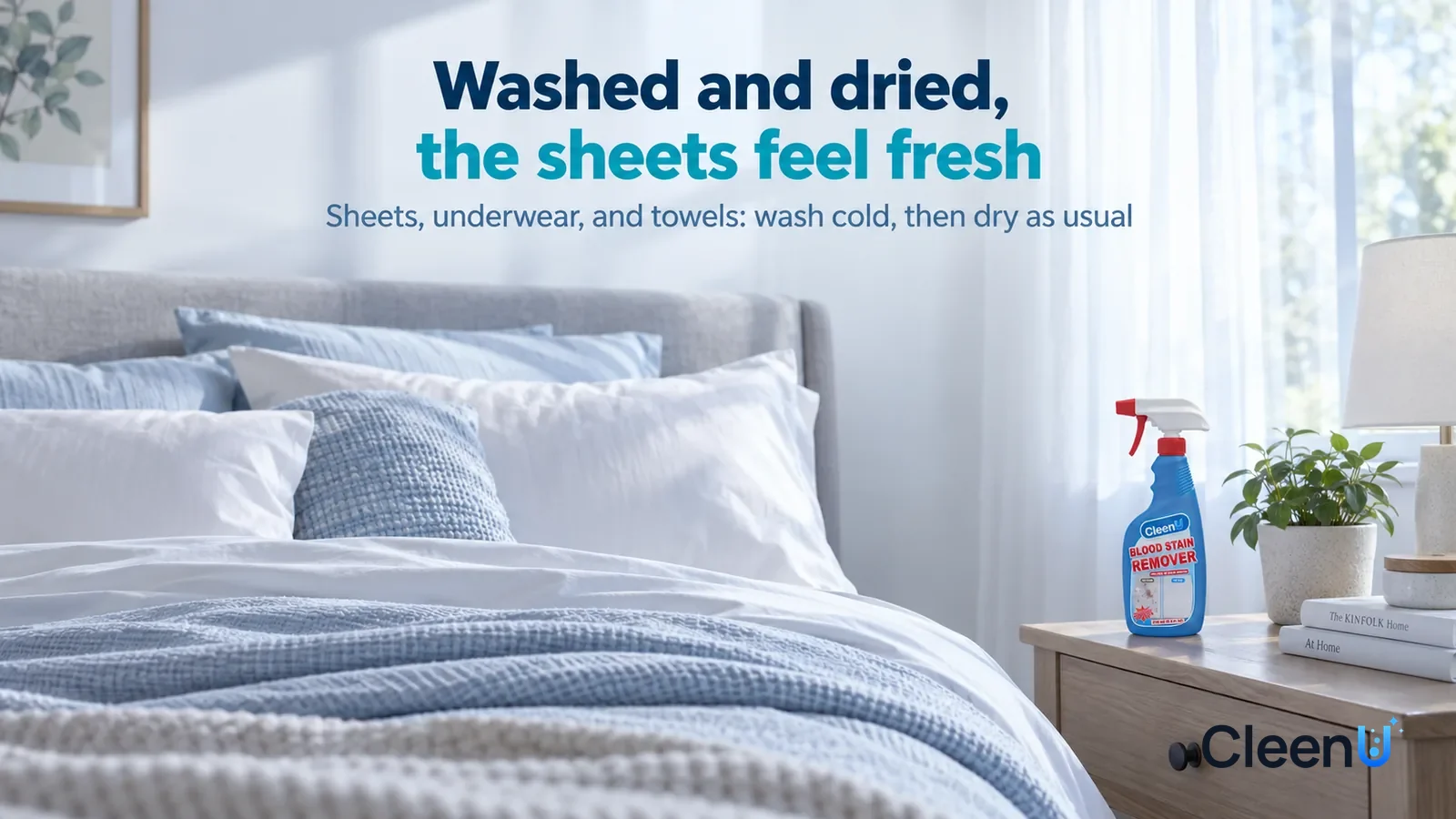 Illustration: CleenU Blood Stain Remover — A bright bedroom in the morning, a bed made with light-colored cotton sheets and pillowcases, the bedding smooth and clean Headline: "Washed and dried, the s