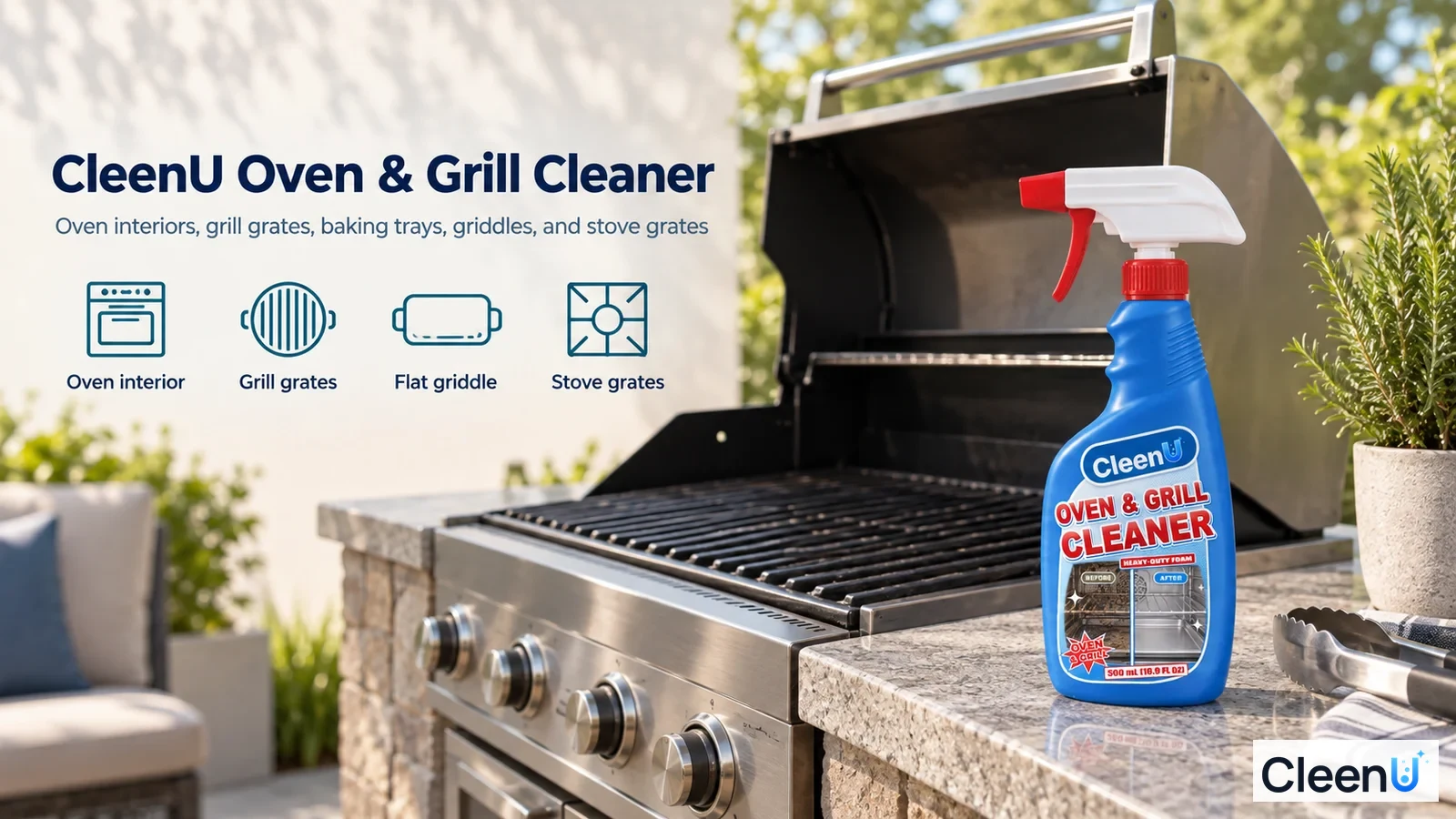 Illustration: A blue cleaner bottle beside an outdoor barbecue with use icons.