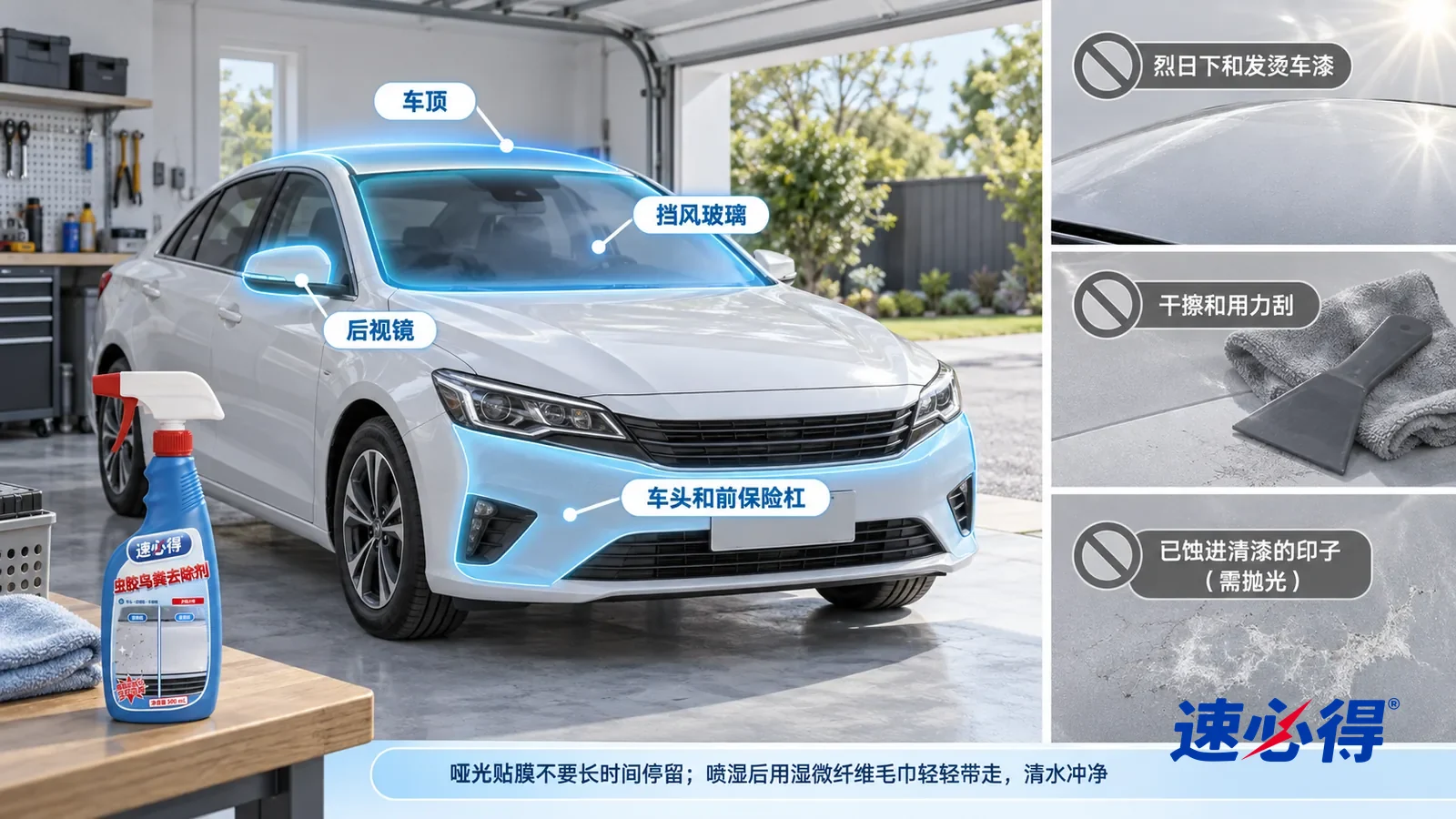 示意图:速必得虫胶鸟粪去除剂——一张写实 3D 剖面实景图,一间明亮的家用车库和库外一小段车道,连续空间、一个视角,没有车标和车牌的浅色家用车的车头和前保险杠、后视镜