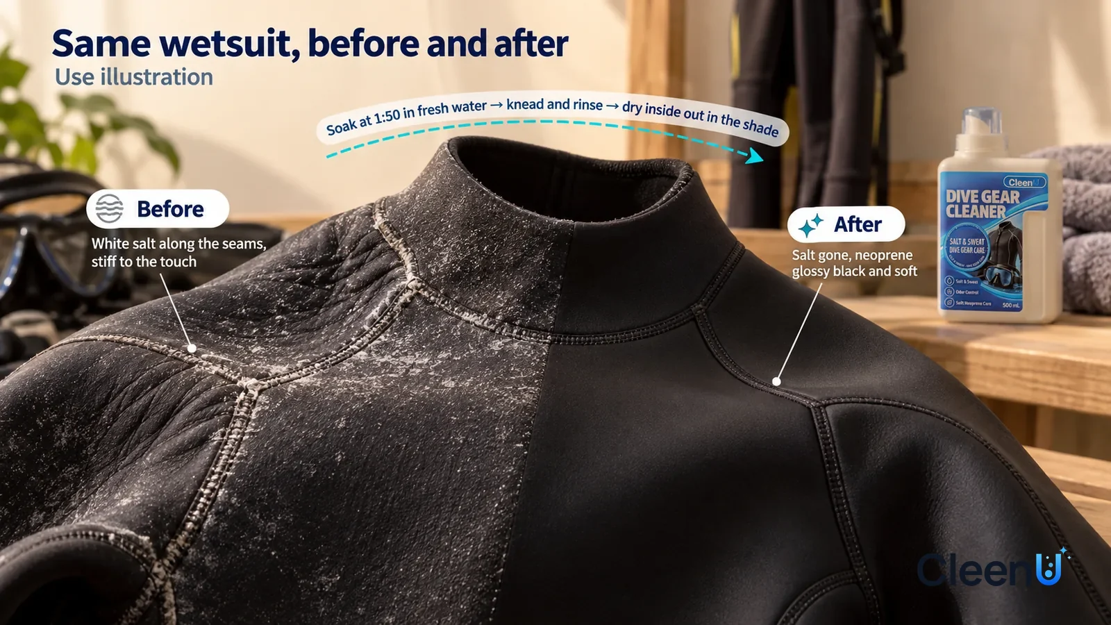 Illustration: CleenU Dive Gear Cleaner — A full-screen low-angle close-up of the chest and seams of a black neoprene wetsuit (no brand marks) in the same raking light