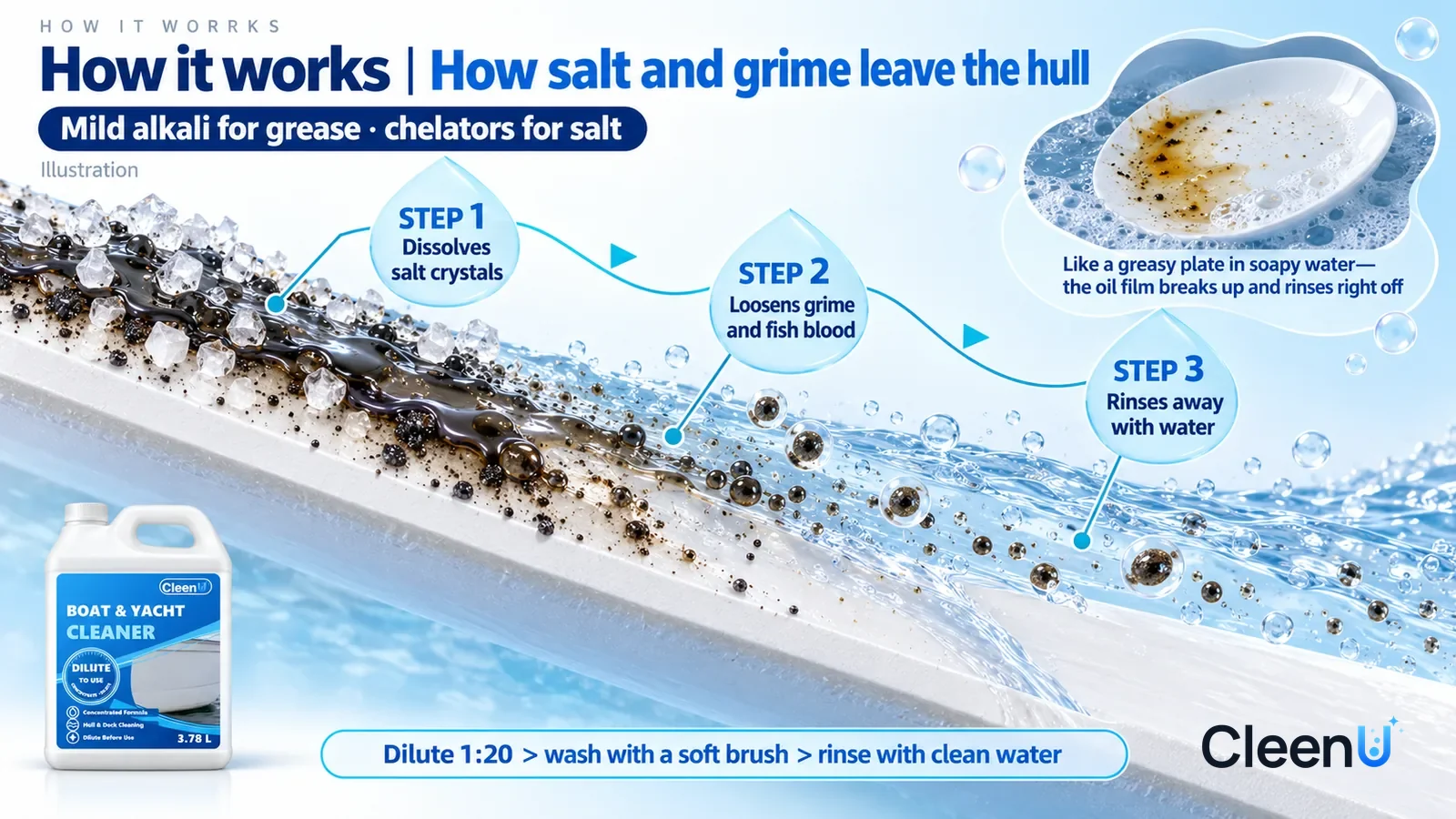 Illustration: CleenU Boat & Marine Cleaner — an enormously magnified slice of white fiberglass gelcoat runs diagonally from upper left to lower right; on the left the gelcoat carries a