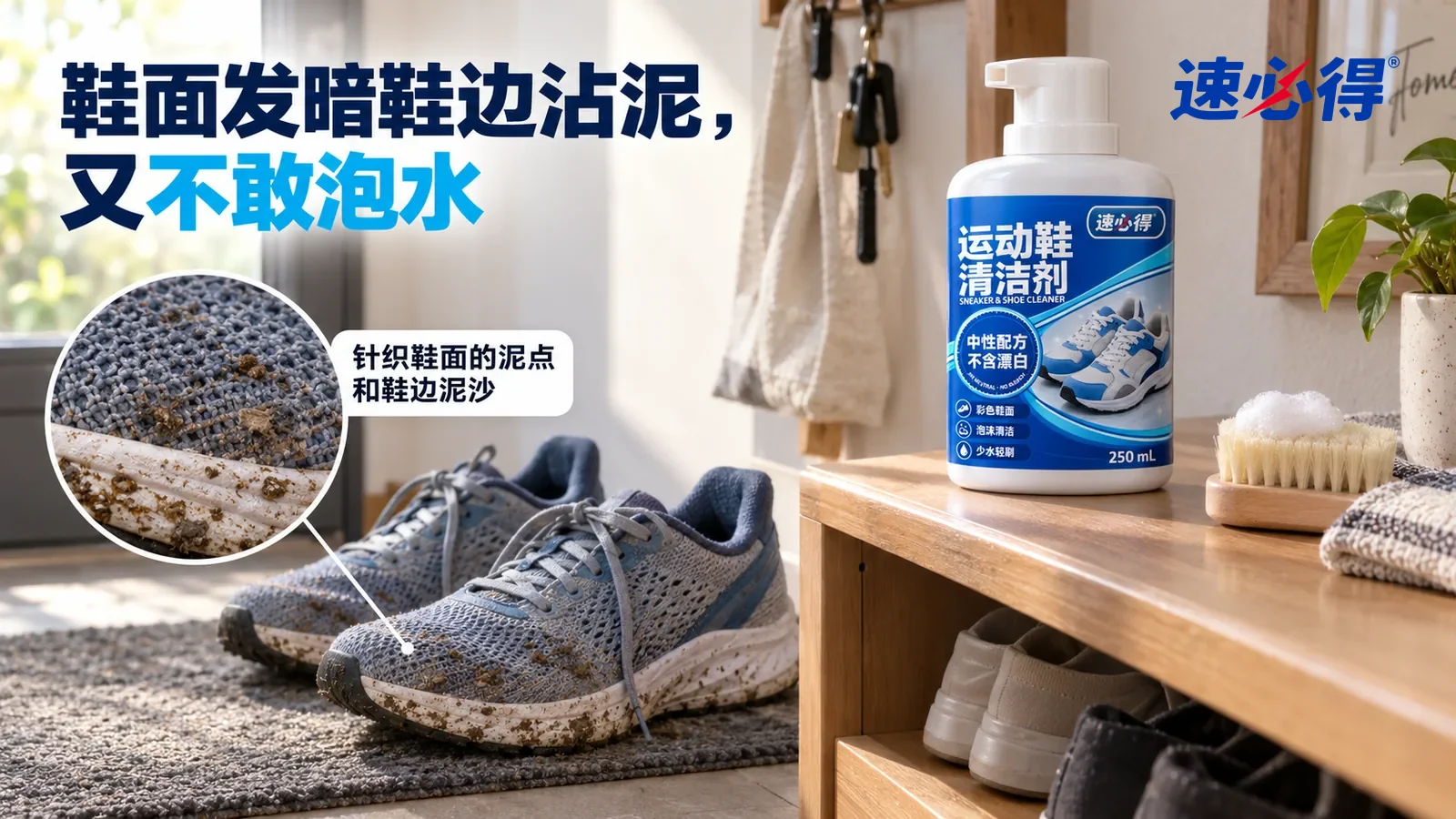示意图：速必得运动鞋清洁剂——一个家常玄关，一双刚跑完步脱下的灰蓝色针织跑鞋（无品牌标志）放在鞋柜旁的地垫上，窗光侧照下鞋面零星泥点和发暗的汗渍
