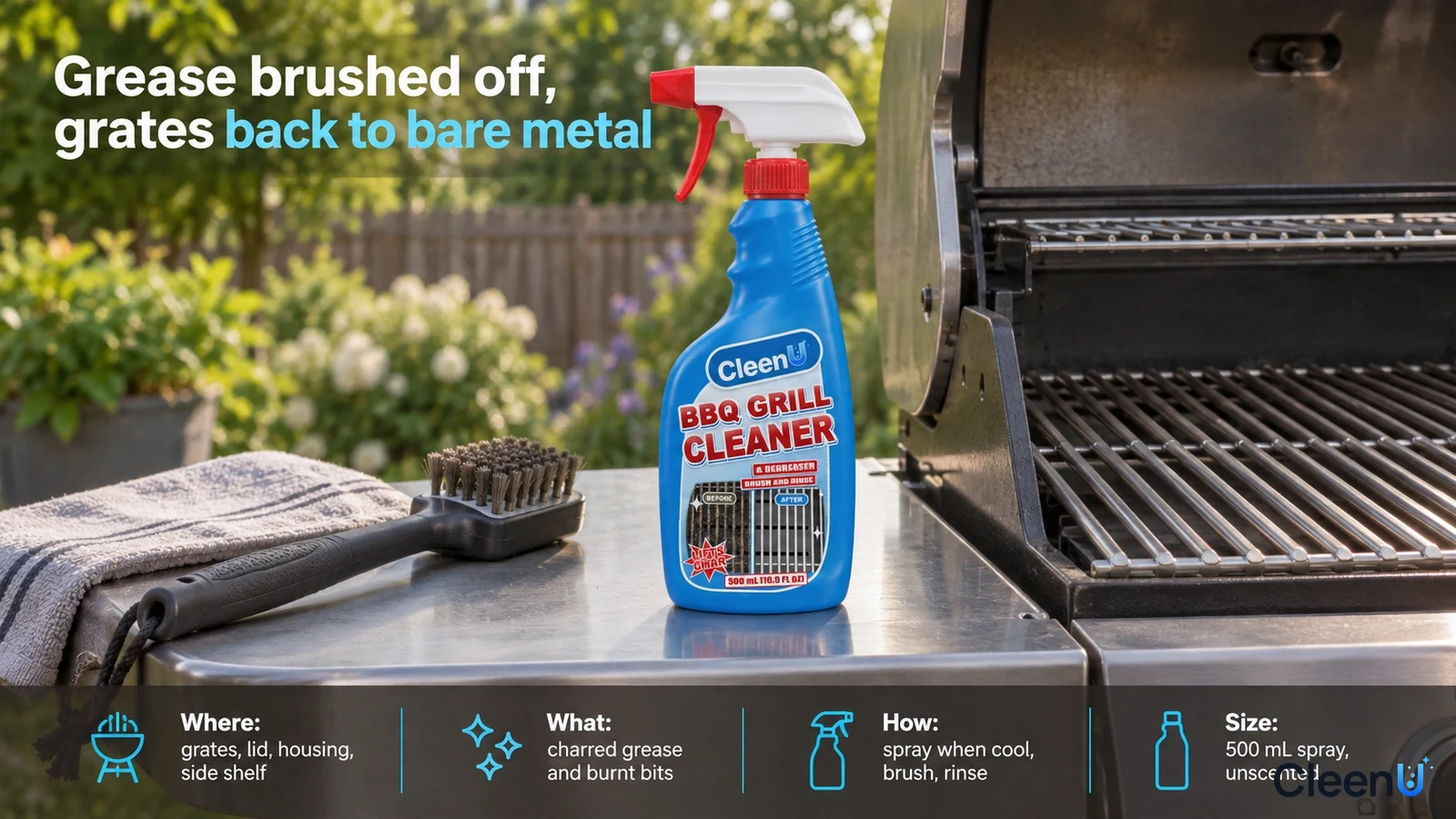 Illustration: A blue grill cleaner bottle, brush and gray cloth beside a barbecue grill.