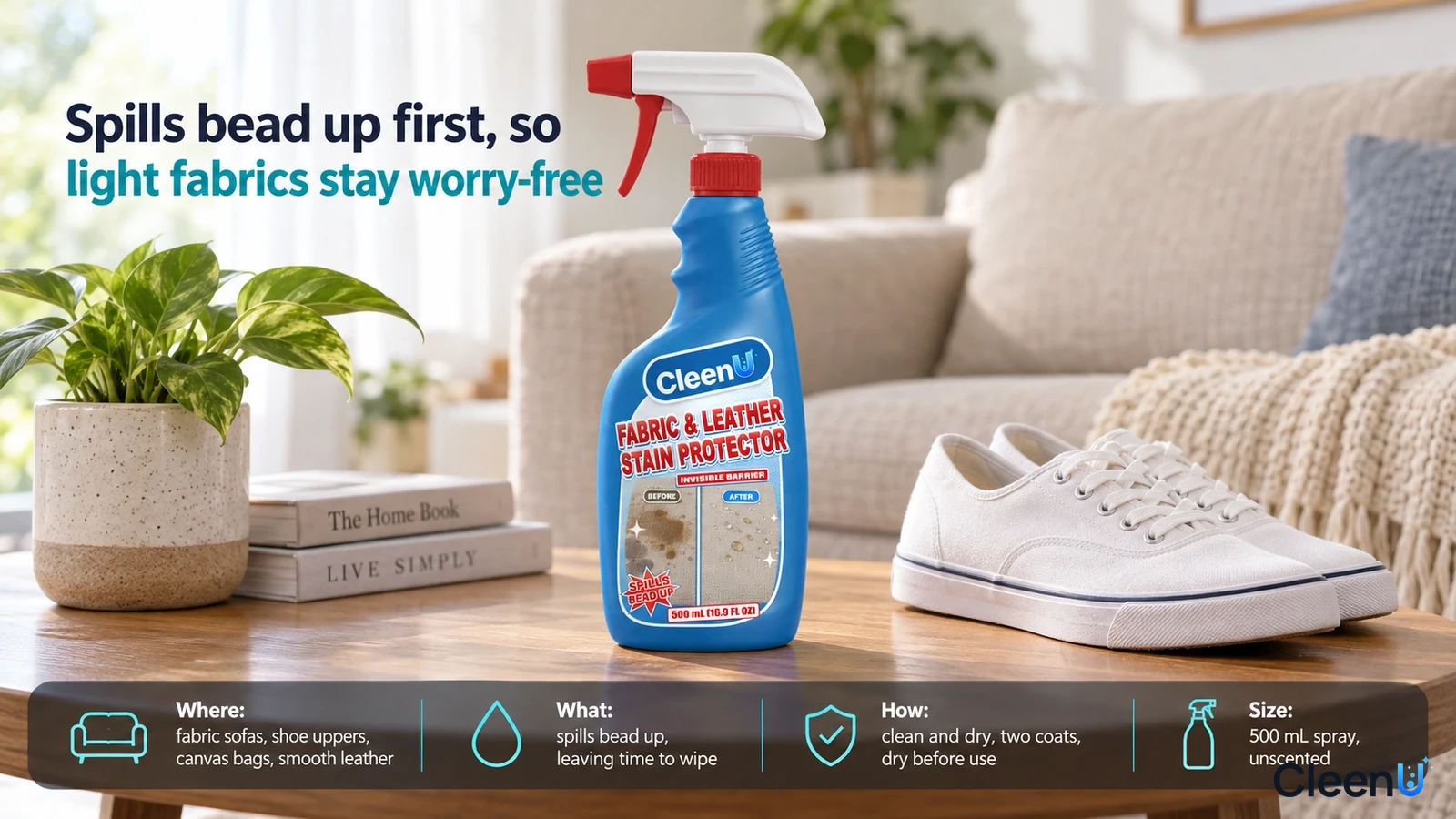 Illustration: A blue fabric protector bottle and white canvas shoe on a round wooden table beside a sofa.