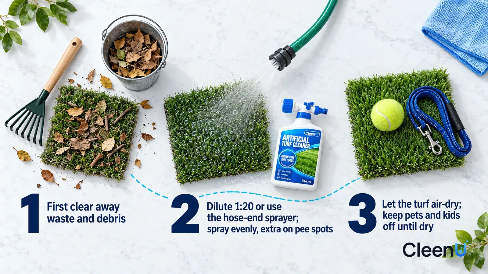 Illustration: CleenU Artificial Turf Cleaner — an overhead shot straight down onto a light marble tabletop, no hands: (1) a small garden rake, a small bucket of fallen leaves