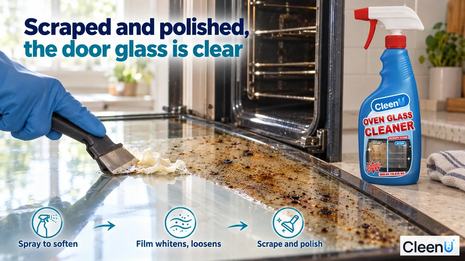 Illustration: A gloved hand scraping grease film from oven door glass.