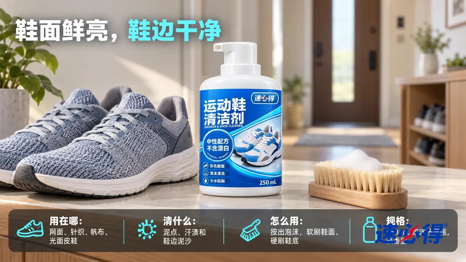 示意图：速必得运动鞋清洁剂居中直立站在玄关鞋柜台面上，旁边一把软毛刷和一双干净的灰蓝色针织跑鞋（无品牌标志），身后明亮的玄关向画面深处柔和虚化