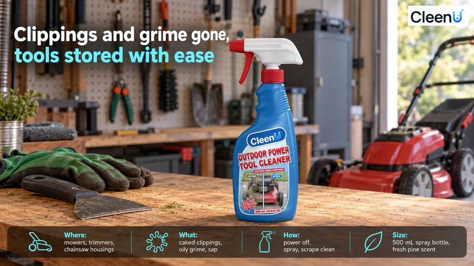 Illustration: A blue cleaner bottle, gloves and scraper on a workbench with a mower behind it.