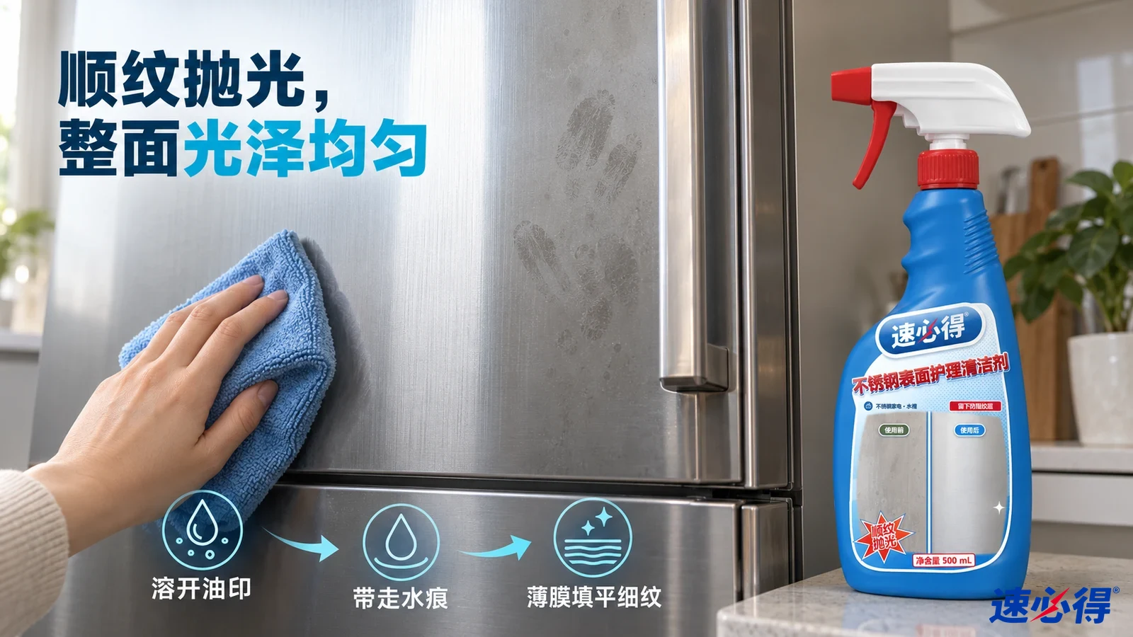 示意图：不锈钢冰箱门的指纹区域、蓝色清洁布和蓝色喷瓶。
