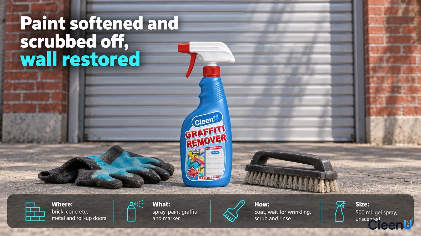 Illustration: A blue cleaner bottle, protective gloves and brush in front of a roll-up door.