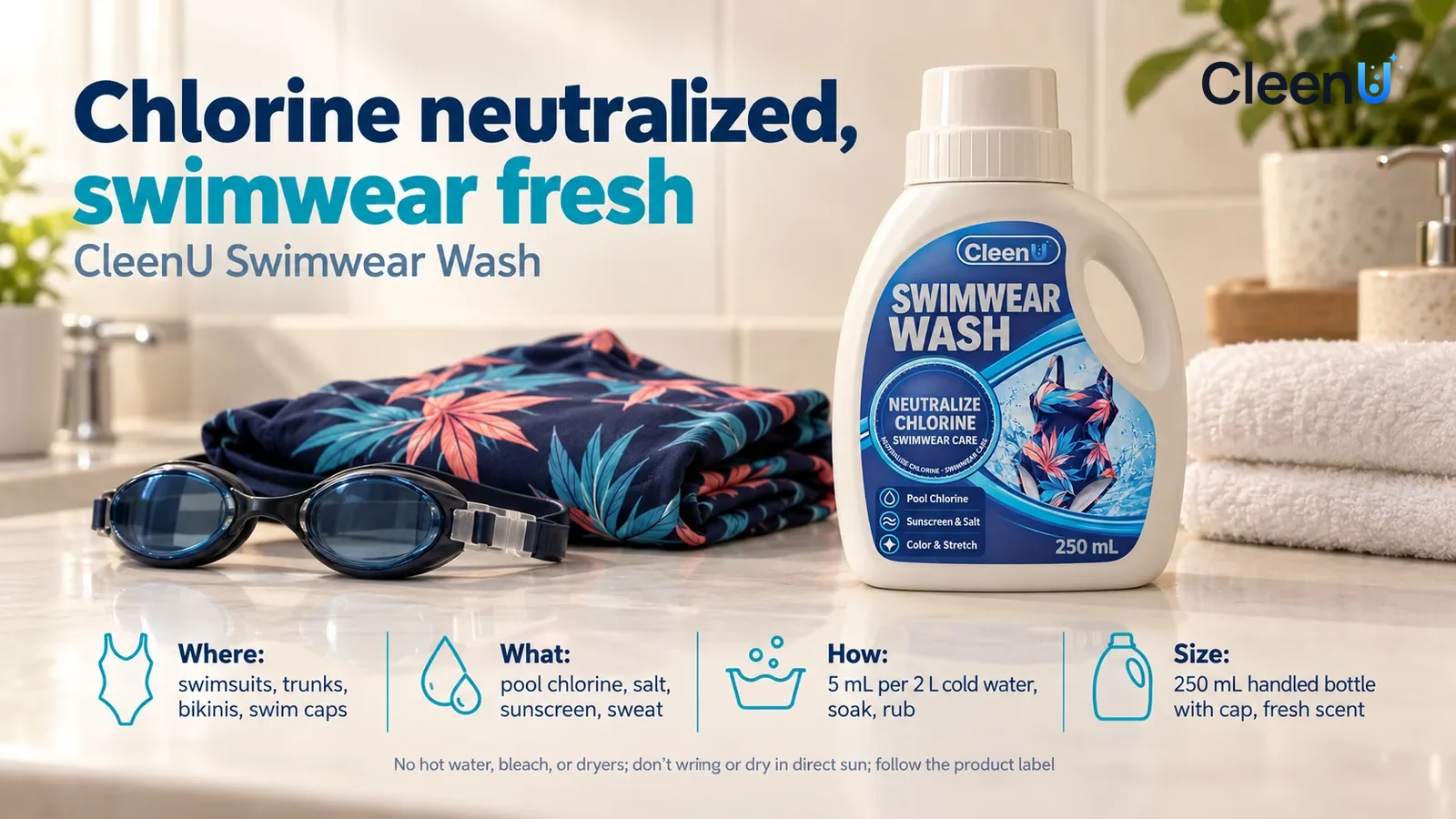 Illustration: CleenU Swimwear Wash, measuring cap on, stands in the right third of the frame on the bathroom vanity Headline: "Chlorine neutralized, swimwear fresh"