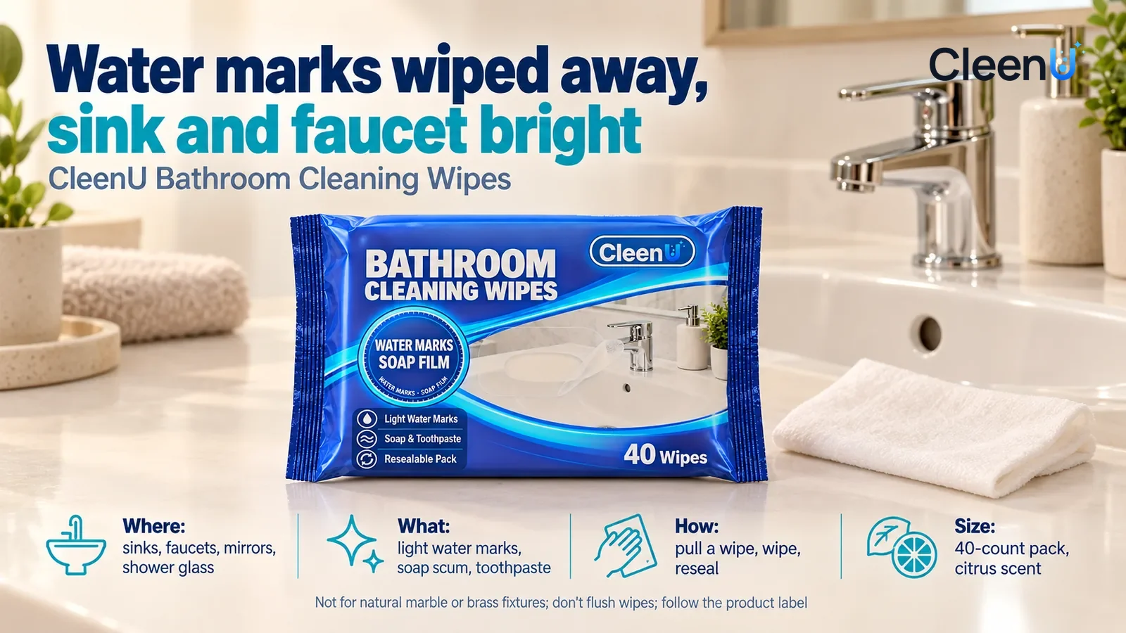 Illustration: CleenU Bathroom Cleaning Wipes, clear lid closed, sits centered on the vanity counter, a white wipe pulled out and folded beside it, the clean Headline: "Water marks wiped away, sink and